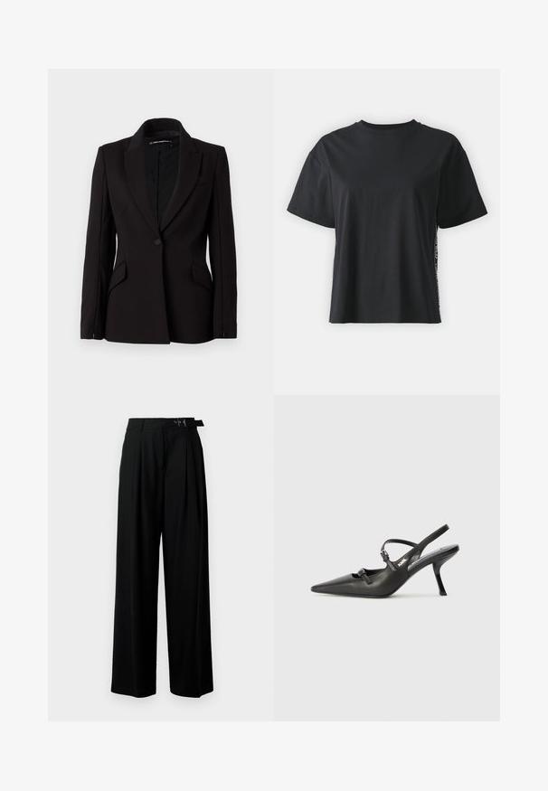 Svart skräddarsydd kavaj, enkel knappstängning, slagkrage, två framfickor, slät tyg, elegant silhuett, långa ärmar, subtila sömdetaljer.; Svart kortärmad t-shirt i bomull med avslappnad passform och kontrasterande sidopanel som har små texter och designdetaljer.; Svarta byxor med vida ben och hög midja, med veck framtill och ett bälte med spänne. Tillverkade av ett mjukt, lätt tyg.; Svarta läderklackar med slingback, spetsig tå, smal klack och dekorativ spänndetalj på ovansidan. Slät struktur och stilren design.