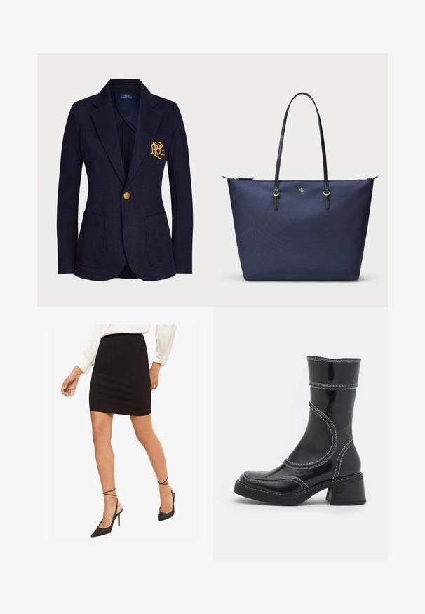 Granatowy blezer wykonany z teksturowanej tkaniny, z złotym guzikiem oraz haftowanym logo na kieszeni piersiowej. Zawiera dwie kieszenie z przodu.; PULL&BEAR - Top; Czarna dopasowana mini spódnica, gładki materiał, z waist w średnim wzroście, zestawiona z czarnymi szpilkami z ostro zakończonymi noskami i paskami na kostkach.; Czarne lakierowane botki za kostkę z białym przeszyciem, okrągłym noskiem i słupkowym obcasem. Posiadają zakrzywione linie designu oraz gładką teksturę.; Granatowa torba na ramię z teksturowanej tkaniny, z czarnymi skórzanymi uchwytami i złotymi elementami wykończenia. Zamek błyskawiczny na górze.