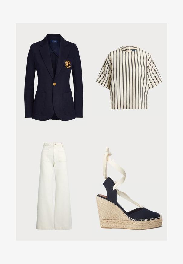 Jūras spēku žakete, izgatavota no teksturēta auduma, ar zelta pogu un izbrodētu logo krūšu kabatā. Ietver divas priekšējās kabatas.; Kreklus, svītrainā blūze ar īsām piedurknēm, krēmkrāsā un tumši zilā tonī, ar apaļu apkakli un kvadrātveida dizainu, izgatavota no teksturētas auduma.; Platās kājas džinsi off-white denima. Augsta jostasvieta ar pogu aizdari, divas priekšējās kabatas un kontrastējošas šuvju detaļas.; Jūras spēku zili kanvas iešļūcenes ar espadrille virvi apakšā un krēmkrāsas lentes sasaitēm pie potītes. Slēgta papēža un apaļā pirksta dizains.