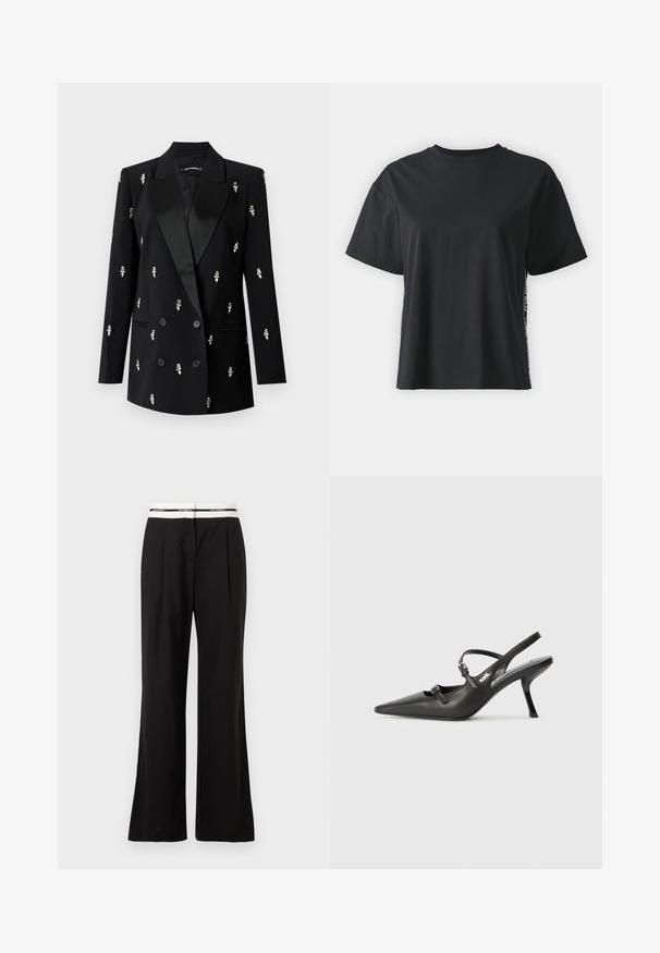Mustat tupla-rinnakkaiset bleiserit, joissa on satiini-kielekkeet, koristeltu hopeanvärisillä metallipalloilla, rakenteelliset olkapäät ja sovitettu istuvuus.; Musta lyhythihainen puuvillapaita rentoa mallia, jossa on erottuva sivupaneeli, johon on lisätty pieniä tekstejä ja yksityiskohtia.; Mustat housut rentoa mallia, joissa on valkoinen joustokiristys vyötäröllä, brändäys näkyvissä. Valmistettu sileästä kankaasta, jossa on kevyt kiilto.; Mustat nahkaiset slingback-korkokengät, joissa on terävä kärki, hoikka korko ja koristeellinen solkityyny varpailla. Tasainen pinta ja tyylikäs muotoilu.