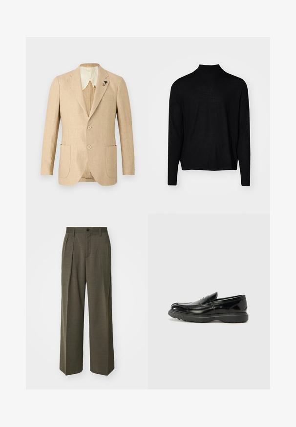 Blazer de lino beige claro con dos bolsillos frontales, dos botones y un cuello color crema. Presenta un pin decorativo negro en la solapa.; Suéter negro de manga larga con cuello alto. Fabricado en una tela suave y lisa. Diseño sencillo, sin patrones, con un dobladillo recto.; Filippa K WIDE TROUSERS - Pantalones - driftwood; Mocasín de cuero negro con un acabado brillante, punta redondeada, detalles de costura sutiles y una suela de goma gruesa para mayor durabilidad.
