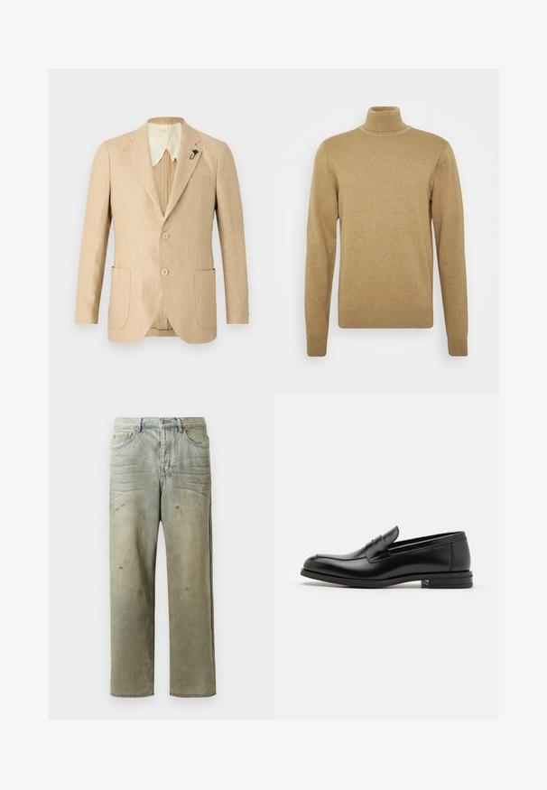 Sacou din in bej deschis, cu două buzunare frontale, două butoane și un guler de culoare crem. Dispune de un buton decorativ negru pe rever.; Pulover bej cu guler înalt, fabricat dintr-un material tricotat moale. Dispune de mâneci lungi și un design ajustat. Baza și gulerul ribbate adaugă accente.; Jeans din denim uzat, de culoare verde deschis, cu un croi drept, design cu cinci buzunare, și decolorare inegală cu stropi de vopsea.; Mocasini din piele neagră cu o textură netedă, vârf rotund și o curea decorativă peste partea superioară. Toc mic, design minimalist.