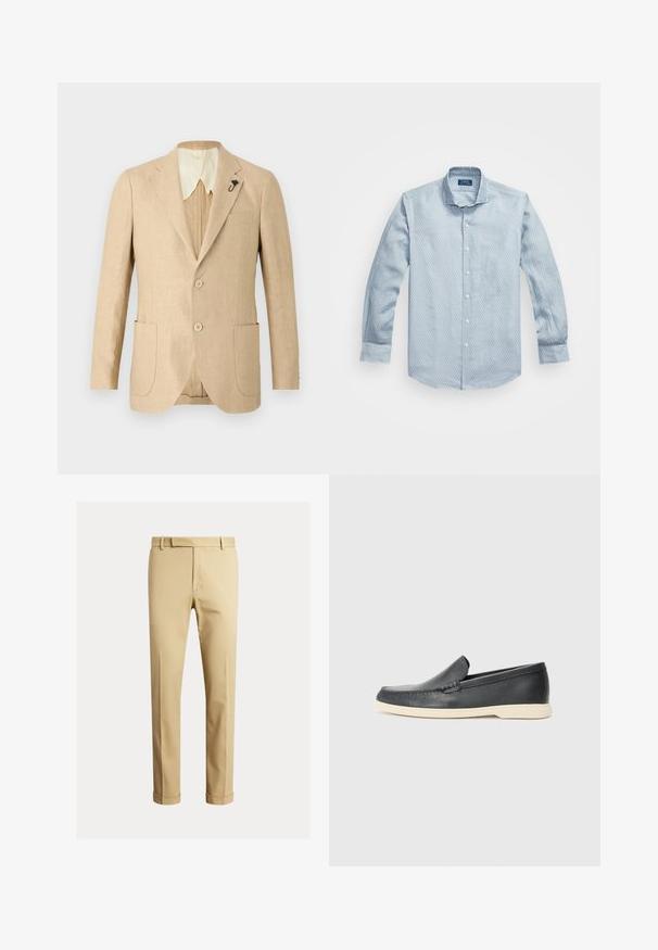 Light beige linen blazer with two front pockets, two buttons, and a cream-colored collar. Features a decorative black pin on the lapel.; Light blue button-up shirt in a textured pattern, long sleeves, and a classic collar. White buttons and rounded hem. Made of cotton blend fabric.; Khaki chinos made of smooth cotton fabric, featuring a fitted design, front pleats, and cuffs at the ankle for a tapered look.; Black leather slip-on loafers with a textured finish and a contrasting beige rubber sole. Features a subtle accent along the front.