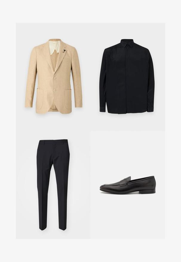 Šviesiai smėlinis lino švarkas su dviem priekinėmis kišenėmis, dviem mygtukais ir kreminės spalvos apykakle. Papuoštas dekoratyvine juoda sagte ant atvartėlio.; Juodas ilgas rankovėmis marškinėliai, pagaminti iš lygios medžiagos, su klasikiniais apykaklėmis, mygtukų užsegimu ir laisvu kirpimu su užlenktomis rankovėmis.; Tamsiai mėlyni aptempti kelnių. Pagaminti iš lygaus, tekstūruoto audinio, su plokščiu priekiu, diržo kilpomis ir šoninėmis kišenėmis.; Juodi odiniai loafersai su šiuolaikiniu dizainu, apvaliu smailiu ir žemu pakeltu kulnu. Apatinėje dalyje yra dekoratyvinis siuvinėjimo detalė.