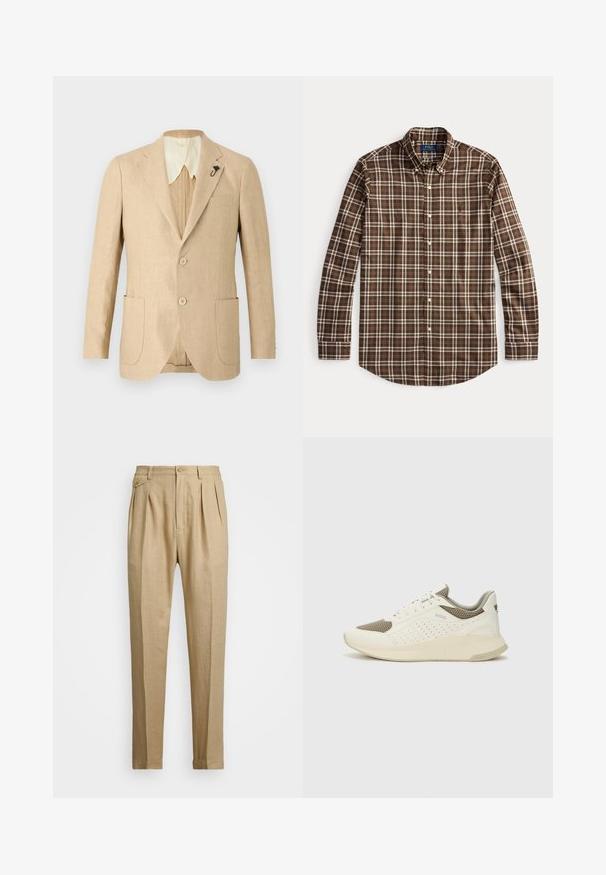 Világos bézs vászon blézer, két elülső zsebbel, két gombbal és krém színű gallérral. Díszítő fekete kitűző található a hajtókán.; Barna kockás ing, gombos gallérral, hosszú ujjal, fehér kiemelésekkel a kockás mintában. Könnyű anyagból készült.; Beige vászon nadrág egyenes szabással, két első redővel, gombos záródással és oldalzsebekkel. Tömör textúrájú anyag sima felülettel.; Fehér és világos bézs sportcipő, légies hálós felsőrésszel, perforált részletekkel és texturált középtalppal, amelyen a saroknál a márka logója található.