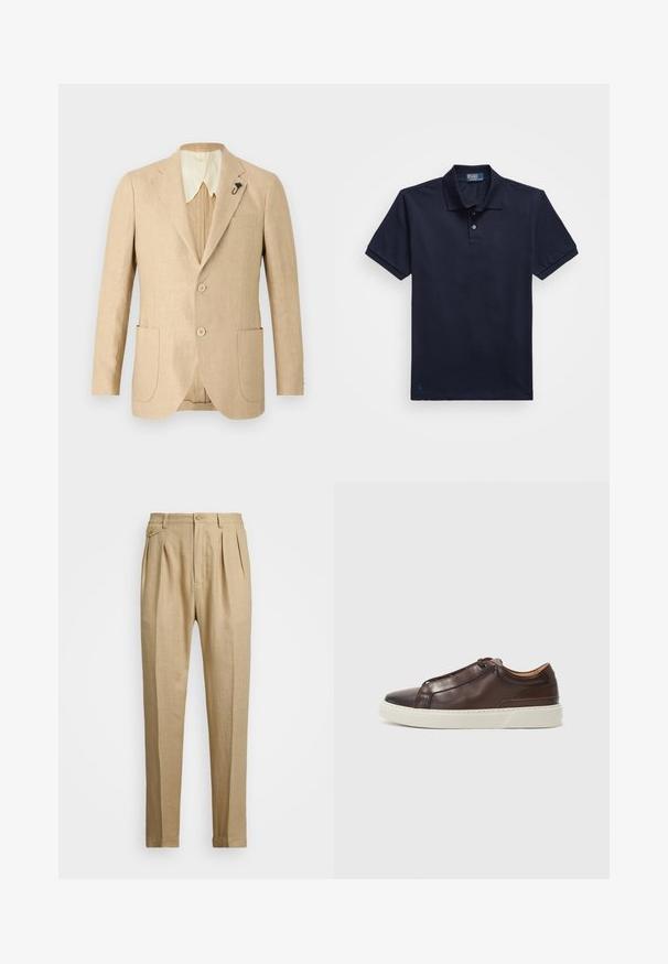 Lichtbeige linnen blazer met twee voorzakken, twee knopen en een crèmekleurige kraag. Heeft een decoratieve zwarte speld op de revers.; Navyblauwe polo met een gestructureerde stof, voorzien van een tweeknoopsluitingen en een klein geborduurd logo aan de zoom. Korte mouwen.; Beige linnen broek met een rechte snit, voorzien van twee voorplooien, een knoopsluiting en zijzakken. Gestructureerde stof met een gladde afwerking.; Bruine leren sneaker met een ronde neus, contrasterende witte rubberen zool, gestikte accenten en geen zichtbare veters. Over het algemeen een gladde textuur.