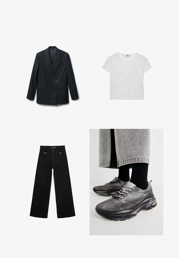 Blazer a righe nere con design doppiopetto, ampi revers, due tasche frontali e chiusure con bottoni neri. Tessuto morbido.; T-shirt bianco a maniche corte e girocollo, realizzato in cotone morbido, con un design semplice e pulito, privo di motivi o dettagli visibili.; Jeans neri a gamba larga con vita alta, dotati di due tasche frontali e dettagli in metallo sui bottoni. Il tessuto ha una texture liscia.; Le scarpe da ginnastica nere e grigie presentano una tomaia in rete, suole spesse e lacci. Hanno una punta arrotondata e un dettaglio di ammortizzazione visibile.