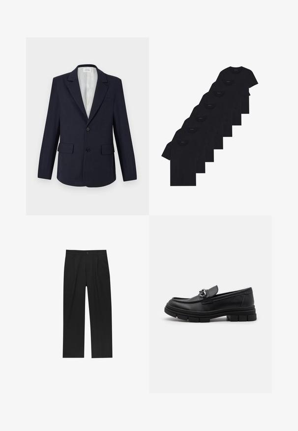 Blazer bleumarin din țesătură împletită, cu rever tăiat, două buzunare frontale, închidere cu un singur buton și interior cu dungi.; Set de opt tricouri negre din bumbac cu mâneci scurte și gât rotund, având un design simplu și o textură moale.; Pantaloni negri cu un design drept, fabricați dintr-un material neted. Au plisse în față și un sistem de închidere cu un singur buton la talie.; Mocasini din piele neagră cu vârful rotund, o curea decorativă și accesorii metalice, și o talpă chunky texturată. Finisaj neted cu detalii subtile.