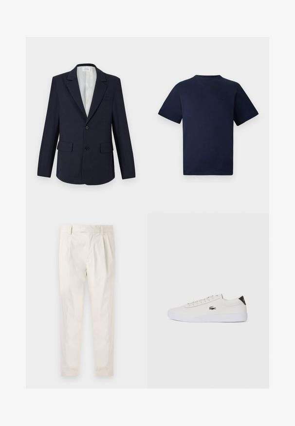 Marineblazer laget av vevd stoff, med spiss krage, to frontlommer, enkle knappelukking og stripete foret innvendig.; Marineblå bomullst-skjorte med kort erm, rund hals og en subtil brodert logo på brystet. Glatt tekstur, avslappet passform.; Hvite, pregede bukser med skreddersydd passform, som har en jevn tekstur, beltehemper og avsmalnende ben. Ingen synlige lommer eller mønstre.; Hvit lær sneakers med rund tå, snøring foran og svart hælakkent. Har en liten brodert krokodillelogo på siden.