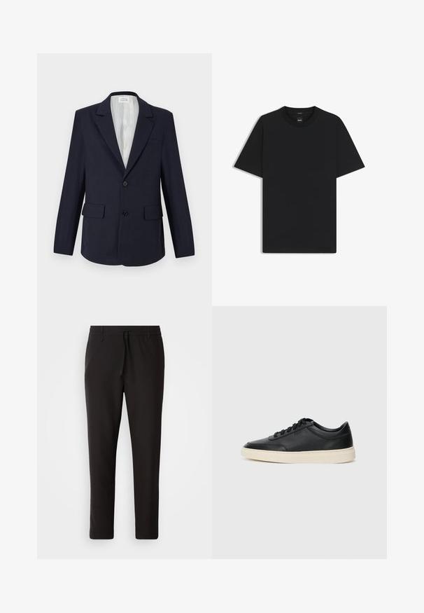 Marineblazer aus gewebtem Stoff, mit Reverskragen, zwei Fronttaschen, einem Knopfverschluss und gestreiftem Innenfutter.; Schwarz T-Shirt mit kurzen Ärmeln aus einem glatten Baumwollmix, mit Rundhalsausschnitt und einem minimalistischen Design ohne Muster oder Akzente.; Schwarze Jogginghose aus glattem Stoff. Mit einem elastischen Bund und Kordelzug, schmal zulaufenden Beinen und ohne sichtbare Taschen. Einfaches Design.; Schwarzer niedriger Ledersneaker mit schwarzen Schnürsenkeln und cremefarbenem Sohlenrand, seitlich auf weißem Hintergrund dargestellt.