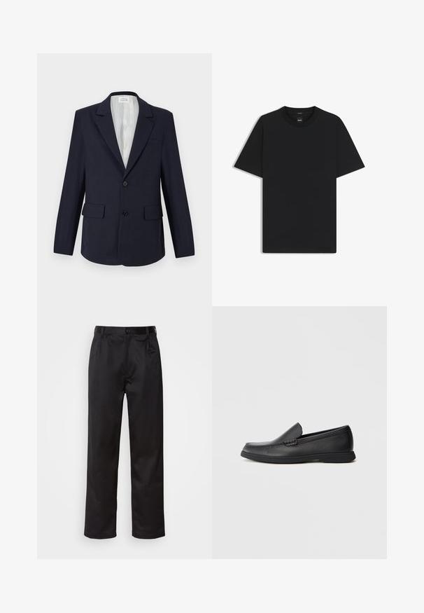 Blazer navy in tessuto intrecciato, con rever a punta, due tasche frontali, chiusura a un bottone e interno foderato a righe.; Maglietta nera a maniche corte realizzata in un morbido misto cotone, con scollatura a girocollo e un design minimalista senza motivi o dettagli.; Pantaloni neri realizzati in tessuto morbido, con chiusura frontale a bottone, pieghe e gambe dritte. Nessun motivo o accento visibile.; Mocassino slip-on in pelle nera con sopra testurizzato, punta arrotondata, tacco basso e suola in gomma, mostrato in profilo laterale su sfondo bianco.