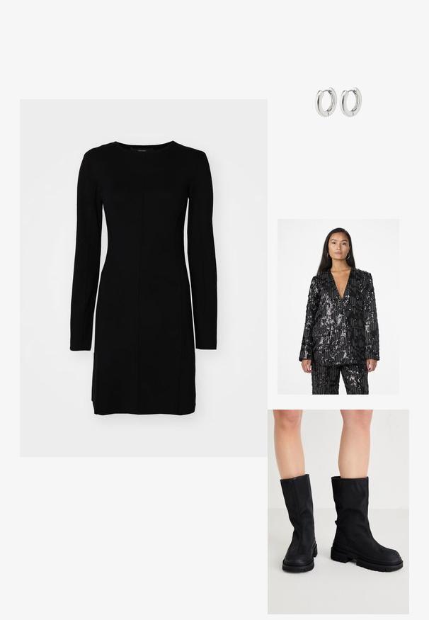 Mustmustriilaga must särg, millel on vertikaalsed triibud, V-kaelus, pikad varrukad ja kaks eesmist taskut. Tekstuuritud erinevate sequinsimustritega.; Must have käsi ja pikkade varrukatega kleit, mis on valmistatud ribakangast. Omab vormitud siluetti, ümarat kaelust ja keskmist õmblust.; Mustad kuni põlvede saapad, mis on valmistatud siledast tekstiilist materjalist, pakuvad paksu kummist tallaga, omades minimalistlikku disaini ja peeneid õmblus detaile.; Hõbedased rõngassüstid läikiva viimistlusega, millel on ümmargune disain ja sujuvad hinged, mis näitavad sileda tekstuuri.