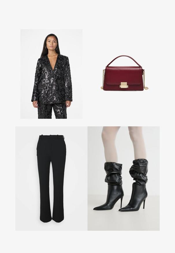 Giacca nera in paillettes con design a righe verticali, scollatura a V, maniche lunghe e due tasche frontali. Texture arricchita da motivi di paillettes variabili.; Felpa blu e nera con zip, dettagli bianchi, logo "RACING" in carattere grassetto, colletto alto e due tasche con zip.; Pantaloni neri su misura con una finitura liscia, design a gamba dritta e una cintura. Presentano dettagli di cucitura discreti e nessuna tasca.; Stivali ankle in pelle nera con un design morbido, punta affusolata e alto tacco a stiletto, caratterizzati da una finitura morbida e texture attorno al gambale.; Borsa a mano in pelle bordeaux con un design strutturato, chiusura in metallo dorato e una tracolla a catena rimovibile. Texture liscia e forma rettangolare.