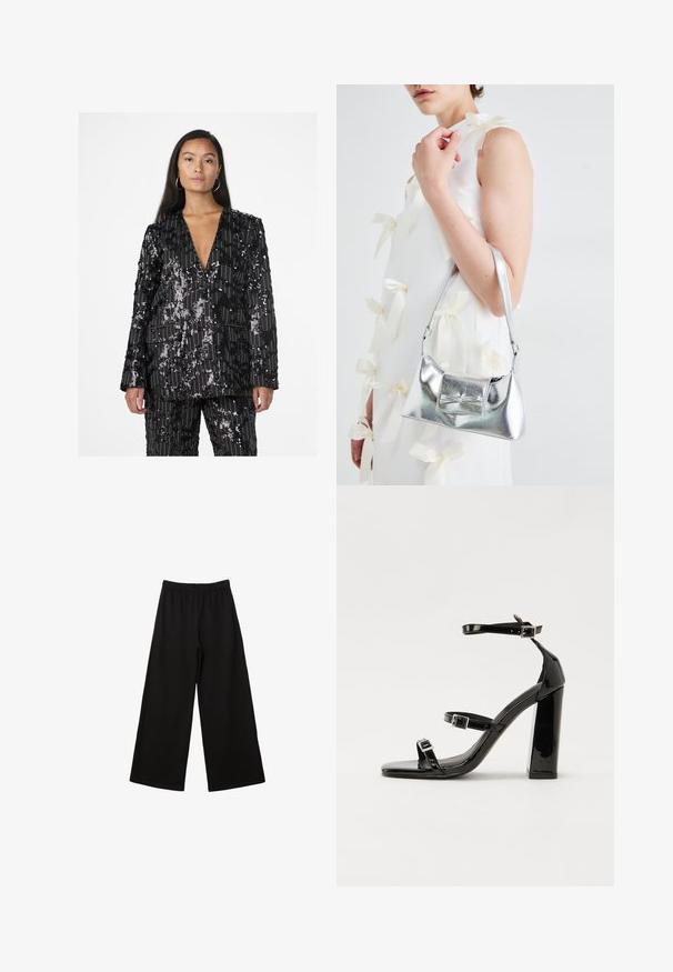 Črn bleščeč blazer z vertikalnim črtastim vzorcem, V-izrezom, dolgimi rokavi in dvema sprednjima žepoma. Tekstura se razlikuje z različnimi vzorci bleščic.; Črn brezrokavnik iz gladkega materiala, z okroglim izrezom in prilegajočim krojem, brez vidnih vzorcev ali okrasnih elementov.; Črne široke hlače z elastičnim pasom, izdelane iz gladkega materiala. Imajo ohlapen kroj in ravno, do gležnjev segajočo obliko.; Črne lakirane sandale s peto, kvadratnim prstom, trakovi okrog gležnja in srebrnimi zaponkami. Opremljene so s stabilno Debelo peto.; Srebrna metalna torbica z oblikovano strukturo, ki ima zgornji ročaj in detajl v obliki mašne spredaj. Gladka tekstura, z odsevnimi površinami.