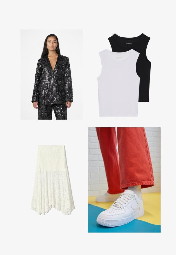 Černý flitrový blazer s vertikálním pruhovaným designem, výstřihem do V, dlouhými rukávy a dvěma předními kapsami. Texturován s různými vzory flitrů.; Dvě bezramínková trička v černé a bílé barvě, vyrobená z žebrované bavlny, s kulatými výstřihy a přiléhavým střihem. Obojí má viditelné štítky.; Bílá krajková sukně s texturovaným vzorem, s asymetrickým lemem a splývavým střihem, vyrobená z lehkého materiálu.; Bílé kožené tenisky s perforovanou špičkou, texturovanou podešví a bílými tkaničkami, v kombinaci s širokými červenými kalhotami a modro-žlutým pozadím.