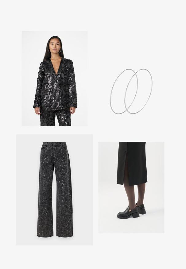 Mustmustriilaga must särg, millel on vertikaalsed triibud, V-kaelus, pikad varrukad ja kaks eesmist taskut. Tekstuuritud erinevate sequinsimustritega.; Musternahkade pikkade varrukatega must bodi, millel on läbipaistev V-kujuline kaelus ja korraldatud õlavarre detail. Sile kangas, millel on vormiv kujundus.; Noisy May NMJANNEL LOOSE - Avar lõikega teksad - black denim; Mustad mustad jalatsid ümmarguse varbaga, paksu plokkniidi ja elastsete külgdetailidega, kombineeritud tumedate sukkade ja musta lõhikuga seelikuga.; Hõbedased rõngastikkaehingad minimalistlikus disainis. Ümar kuju, sile tekstuur ja õhuke profiil. Kerged ning poleeritud viimistlusega.