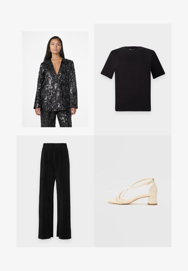Crni blejzer sa šljokicama i vertikalnim prugastim dizajnom, V-izrezom, dugim rukavima i dva prednja džepa. Tekstura sa različitim uzorcima šljokica.; Crna majica kratkih rukava s okruglim izrezom, izrađena od mekane pamučne tkanine. Jednostavan dizajn, bez vidljivih logotipa ili uzoraka.; Crne plisirane hlače s elastičnim pojasom. Imaju široke nogavice i glatku, teksturiranu tkaninu s vertikalnim prugama.; Bež sandale na visoku petu s blok petom, remenčićem i podesivom naramenicom, izrađene od glatkog sintetičkog materijala s mat završnom obradom.