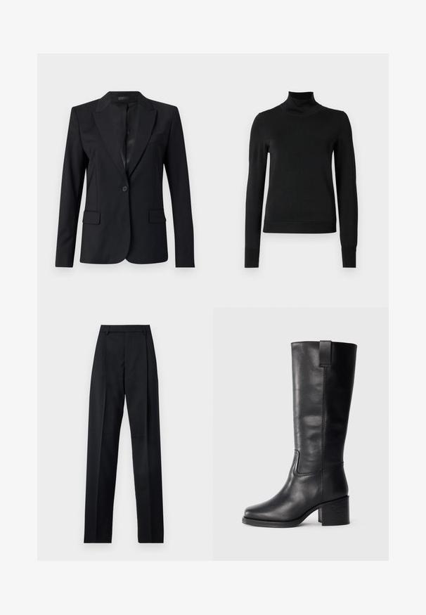 Blazer negro con cuello con muesca, cierre de un botón, dos bolsillos frontales y un diseño elegante y ajustado. Textura suave con un aspecto minimalista.; Suéter negro de manga larga con cuello de tortuga, con puños y dobladillo acanalados, exhibido sobre un fondo blanco liso.; Pantalones negros de tela suave con cintura alta, piernas amplias, pliegues frontales y lazos de cinturón clásicos. No hay bolsillos laterales visibles.; Botas de cuero negro hasta la rodilla con una textura suave, punta cuadrada, tacón cuadrado y tirador lateral, con detalles de costura mínimos.