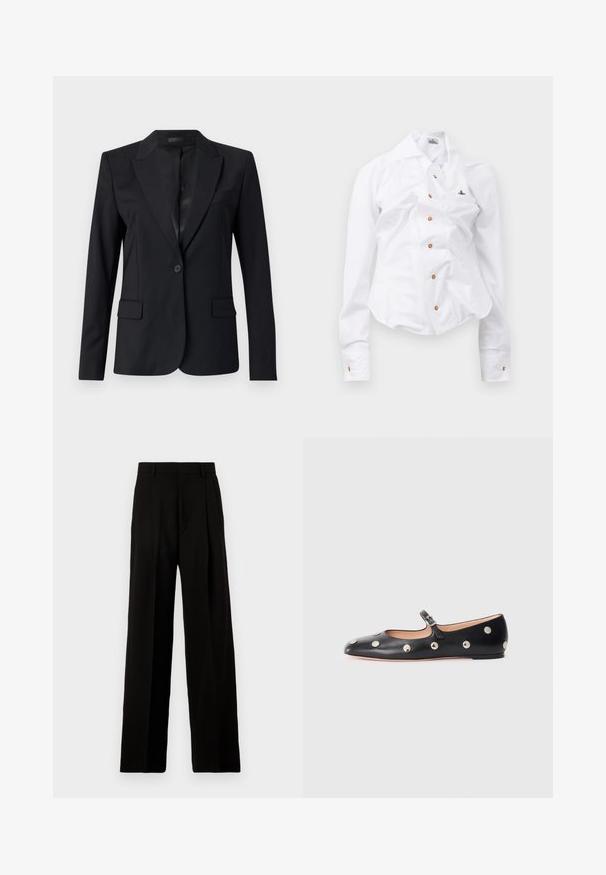 Blazer negro con cuello con muesca, cierre de un botón, dos bolsillos frontales y un diseño elegante y ajustado. Textura suave con un aspecto minimalista.; Camisa blanca de manga larga con un diseño ajustado. Presenta un gran cuello, cierre frontal con botones marrones y un pequeño logotipo bordado.; Pantalones de pierna ancha negros, confeccionados en una tela suave, con una cintura alta, pliegues frontales y un diseño limpio y estructurado sin adornos.; Zapato plano tipo Mary Jane de cuero negro con punta redonda, adornado con tachuelas circulares plateadas y una correa ajustable con hebilla.