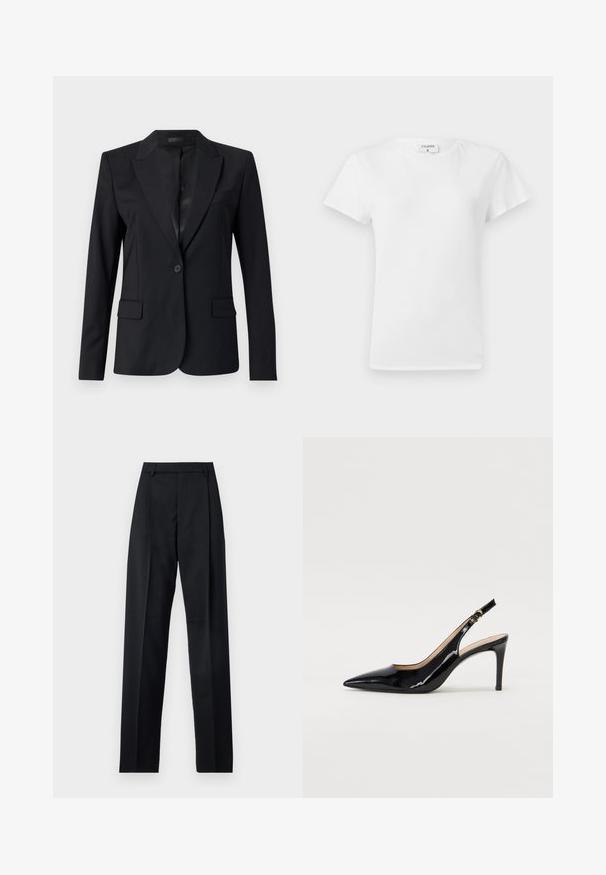Black blazer featuring a notched collar, single button closure, two front pockets, and a sleek, tailored design. Smooth texture with a minimalist look.; White cotton t-shirt with a crew neckline and short sleeves, featuring a relaxed fit and minimalistic design. Tag visible at the neck.; Black trousers made from smooth fabric featuring a high waist, wide legs, front pleats, and classic belt loops. No side pockets visible.; Black patent leather slingback pump with pointed toe, slim heel, and a subtle cutout design. Features a gold buckle on the strap.