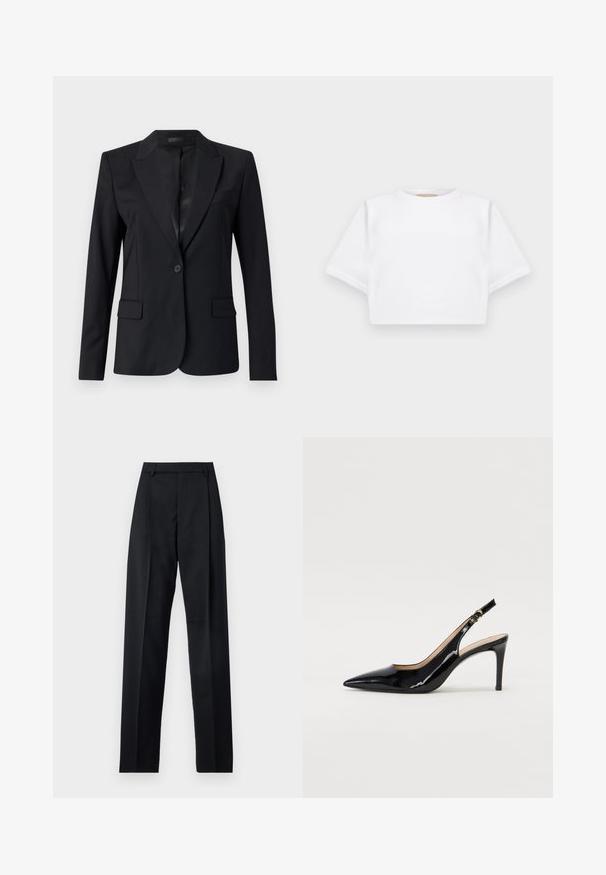 Must mustriga, millel on lõikekaelus, üksnuppuline sulgemine, kaks eesmist taskut ja stiilne, kohandatud disain. Sile tekstuur minimalistliku välimusega.; Lühikeste varrukatega, pehmest kangast lõigatud valge T-särk, millel on ümar kaelus ja soonikuga ääred. Lihtne ja ilma kaunistusteta disain.; Mustad püksid siledast kangast, millel on kõrge vöökoht, laiad jalad, esimesed kortsud ja klassikalised vööloopid. Küljepockets pole nähtavad.; Must hõbedavärvi patendiga slingback kontsakingad terava varbaga, kitsas konts ja peene lõikega disain. Statistika on kuldne pandla rihmal.