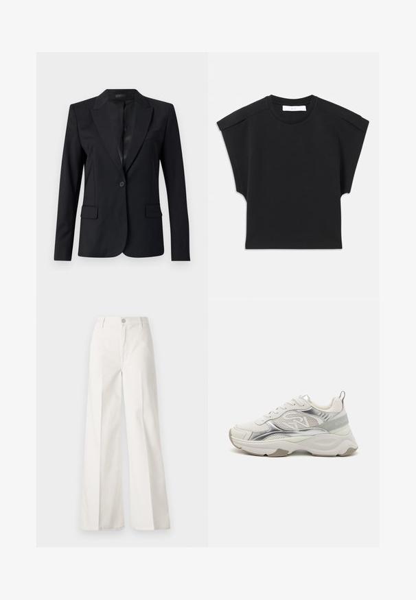 Svart blazer med reverskrage, enkelt knappestykke for lukking, to frontlommer og en strømlinjeformet, skreddersydd design. Glatt tekstur med et minimalistisk utseende.; Svart t-skjorte med kort arm og rund hals, med skulderdetaljer, liggende flatt på en hvit bakgrunn.; Hvite vide bukser laget av bomull med en glatt tekstur. Har en frontknapp, glidelåsgylf og fire lommer.; Hvite sportsko med glitrende sølvdetaljer, nettingpaneler og en tykk såle. Har en logo på siden og en teksturert hæltab.