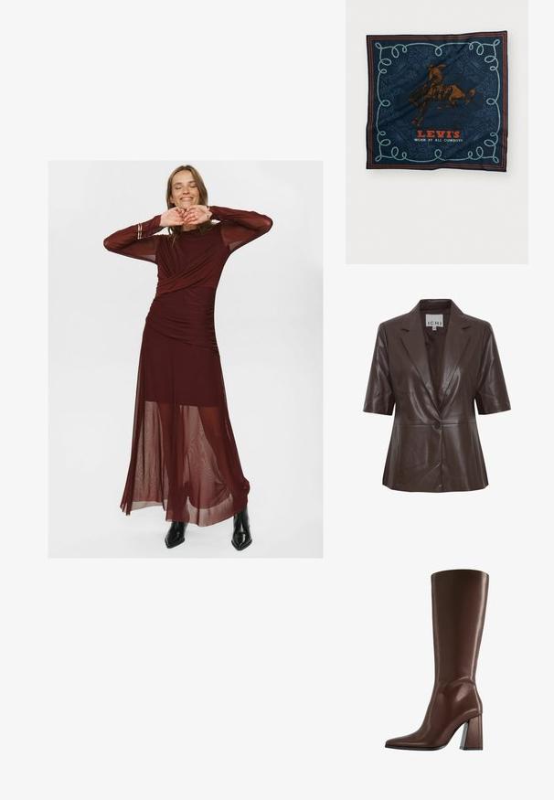Brown leather blazer with short sleeves, notched lapels, single button closure, and smooth texture. Simple design with clean lines.; Long burgundy dress made of sheer and smooth fabric, featuring a wrapped bodice, ruched detailing, and sheer long sleeves.; Brown knee-high leather boot with pointed toe and chunky mid-height heel shown in side profile on white background.; Navy silk scarf featuring a brown horse rider graphic, decorative blue rope pattern, and “LEVI’S WORN BY ALL COWBOYS” text in red.; Brown suede handbag with two sturdy handles, a rectangular shape, and decorative strap detail across the front.