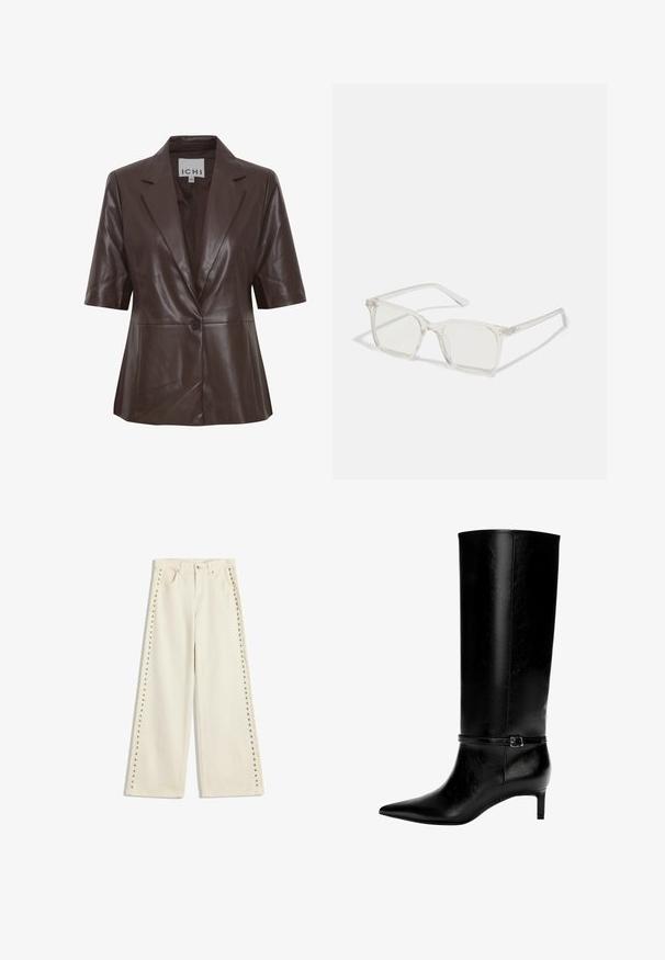 Bruine leren blazer met korte mouwen, gekartelde revers, eenknoopsluiting en een gladde textuur. Eenvoudig ontwerp met strakke lijnen.; Witte longsleeve top met een bootnek. Gemaakt van zachte stof, met flare mouwen en een rechte zoom, biedt een eenvoudig en veelzijdig ontwerp.; Lichtcrème wijdvallende jeans met metalen studs langs de buitennaad, vijf zakken en een standaard knoopsluiting.; Zwarte leren laarzen tot de knie met een spitse neus en een kleine hak. Voorzien van een smalle band met een metalen gesp rond de enkel. Effen textuur.; Heldere plastic vierkante monturen met doorzichtige glazen, gekenmerkt door gouden accenten op de slapen voor extra detail.; Bruine bontschal gedragen over een crèmekleurige trui. De sjaal heeft een zachte textuur en een dik, volumineus ontwerp, dat elegant valt.; Bruine leren tote bag met een zachte textuur, met een ruime indeling en een enkele strap. Draag het met een blauwe spijkerjack.