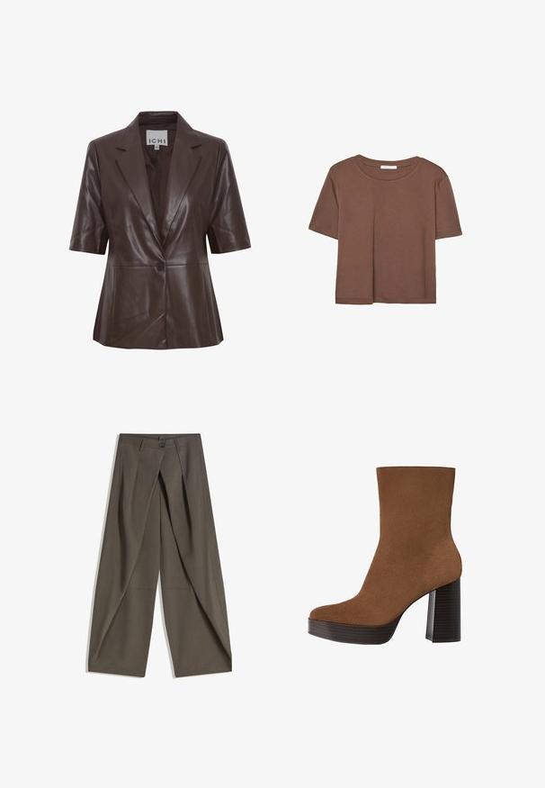 Blazer en cuir marron à manches courtes, col à revers, fermeture à un bouton et texture lisse. Design simple avec des lignes épurées.; T-shirt marron à manches courtes en tissu doux, avec un col rond et une coupe décontractée. Aucun motif ni accent visible.; Pantalons à jambes larges en tissu texturé gris foncé. Présente un pli avant, une fermeture par bouton et des poches latérales pour plus de praticité.; Botte cheville en suède marron avec un bout rond, un large talon à rayures noires et une surface lisse. Présente un design ajusté sans quincaillerie visible.