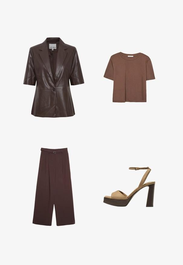 Brown koženi blazer s kratkimi rokavi, s posebnimi klapnicami, enojnim gumbom in gladko teksturo. Enostaven oblikovalski pristop s čistimi linijami.; Rjava kratka majica s kratkimi rokavi iz mehkega materiala, s krožnim izrezom in ohlapnim krojem. Brez vidnih vzorcev ali dodatkov.; Stradivarius WIDE-LEG WITH BUCKLE DETAIL - Hlače - dark brown; Bež semiš sandali na visoki peti z širokim sprednjim trakom in trakom okoli gležnja, opremljeni z debelim lesenim blokom peto z teksturirano površino.