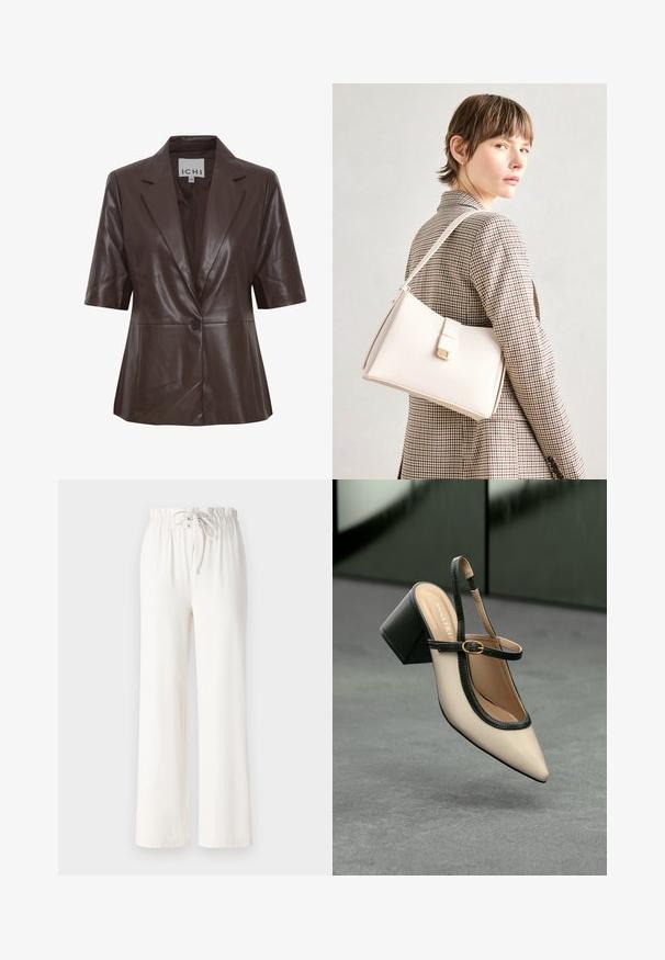 Blazer en cuir marron à manches courtes, col à revers, fermeture à un bouton et texture lisse. Design simple avec des lignes épurées.; T-shirt blanc à manches courtes en coton doux. Présente un col rond et une coupe décontractée. Design épuré sans motifs ni accents visibles.; Pantalon large blanc en tissu doux, avec une taille à cordon de serrage et une texture lisse. Aucun motif ni embellissement visible.; Escarpin beige à bout pointu et bride arrière, avec des finitions noires, une boucle dorée et un talon bloc épais, posé sur un sol gris avec un fond vert foncé.; Sac à main en cuir blanc au design structuré, doté d'un fermoir magnétique et d'une bandoulière, présenté sur un fond neutre.