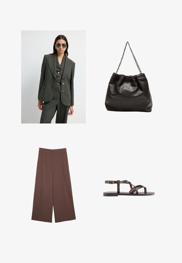 Olivgrüner taillierter Blazer mit scharfen Revers, goldenen Knöpfen und seitlichen Taschen, kombiniert mit passenden Hosen. Glatte Textur und strukturierte Passform.; Braunes, kurzärmliges T-Shirt aus weichem Material mit rundem Halsausschnitt und lockerer Passform. Keine sichtbaren Muster oder Akzente.; Braune Weite-Leg-Hosen mit einer glatten Textur, hoher Taille und Vorderfalten. Der Stoff ist leicht und fällt locker.; Braune Leder-Sandale mit überkreuzten Riemen, einem Knöchelriemen mit Schnalle und einer flachen Sohle mit minimalen Nähdetails.; Braune Lederhandtasche mit gerafftem Oberteil und Kettenriemen. Glatte Textur mit glänzendem Finish und subtilen Nahtdetails an den Seiten.