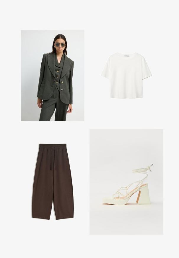 Blazer sartorial in verde oliva con rever affilati, bottoni dorati e tasche laterali, abbinato a pantaloni coordinati. Texture liscia e vestibilità strutturata.; T-shirt bianco a maniche corte realizzato in cotone. Presenta un collo tondo e una vestibilità rilassata. Texture liscia senza motivi o dettagli visibili.; Pantaloni marroni a gamba larga realizzati in tessuto morbido, con elastico in vita e coulisse, dalla texture liscia e design pulito.; Sandalo bianco con tacco alto, caratterizzato da un design a cinturini e un legaccio alla caviglia. Texture liscia con una piattaforma frontale per un'altezza aggiuntiva.