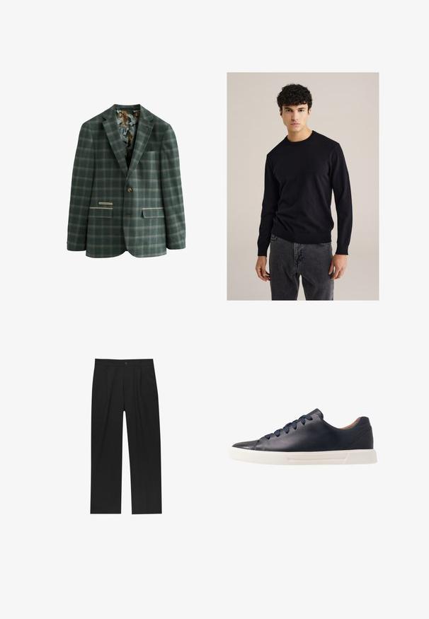 Zelený károvaný blejzer s jedným gombíkom, s vzorovanou vnútornou podšívkou s tigrami, dvoma prednými vreckami a klasickým golierom.; Čierny bavlnený sveter s kruhovým výstrihom a dlhými rukávmi, s rebrovanými manžetami a lemom; spojený so sivými džínsami. Jednoduchý, priliehavý dizajn bez vzorov.; Mladý muž s kučeravými svetlohnedými vlasmi, oblečený v čiernom tričku s krátkymi rukávmi a šedých nohaviciach, pozerajúci doľava s rukami v vreckách.; Čierne nohavice s rovnými nohavicami, vyrobené z hladkej tkaniny. Majú predné puky a jediné gombíkové zapínanie v páse.; Námornícke kožené tenisky s hladkým povrchom, plochou bielou gumovou podrážkou, okrúhlou špičkou a šiestimi námorníckymi šnúrkami prevlečenými cez okrúhle očká.