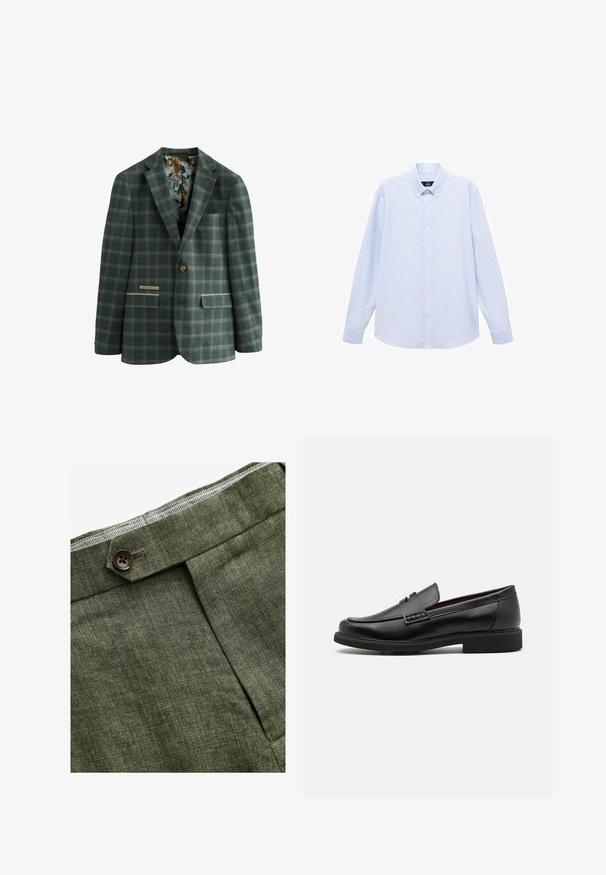 Blazer vert à carreaux avec un bouton unique, présentant une doublure intérieure à motifs de tigres, deux poches avant et un col classique.; Chemise boutonnée à manches longues bleu clair avec un col classique, un ourlet droit et une texture subtile. Présente une fermeture par bouton central.; Pantalons en lin vert olive avec un pli avant, dotés d'une fermeture à bouton et d'une doublure à carreaux contrastante au niveau de la taille.; Chaussures de ville synthétiques noires avec un devant cousu bien visible, semelle intérieure rembourrée et semelle extérieure en caoutchouc plate ; design épuré avec un minimum de détails.