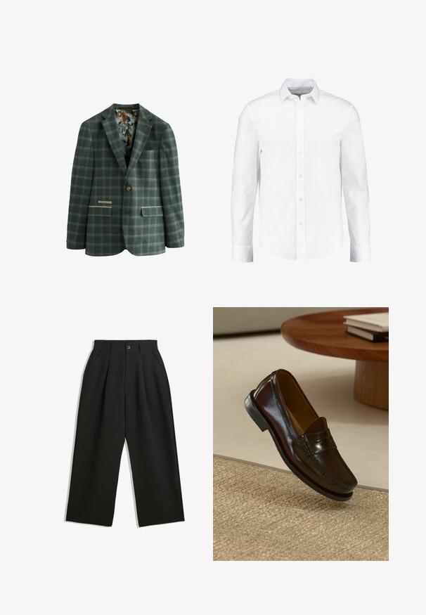 Zielona marynarka w kratę z pojedynczym guzikiem, z wzorzystą podszewką w tygrysy, dwoma przednimi kieszeniami i klasycznym klapem.; Biała, długozasięgowa koszula zapinana na guziki, wykonana z gładkiej bawełny. Ma klasyczny kołnierzyk i zapięcie na guziki z prostym dołem.; Czarne spodnie o luźnym kroju, z zakładkami z przodu, kieszeniami po bokach i zapięciem na guzik. Wykonane z fakturowanej tkaniny.; Brązowe skórzane mokasyny o błyszczącym wykończeniu, z przeszyciem z przodu i niskoprofilową czarną gumową podeszwą.