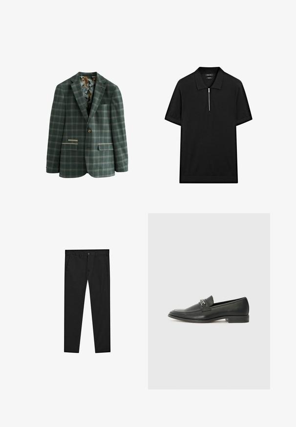 Grün kariertes Sakko mit einem einzigen Knopf, mit einem gefütterten Innenfutter, das mit Tigern gemustert ist, zwei Fronttaschen und einem klassischen Revers.; Schwarzes kurzärmliges Poloshirt mit Stehkragen und einem Reißverschluss vorne. Hergestellt aus einem glatten Stoff mit einem klaren, minimalistischen Design.; Schwarze Chinos mit einem geraden Bein Design, hergestellt aus weichem Stoff. Sie verfügen über einen Knopfverschluss, Gürtelschlaufen und Seitentaschen. Glatte Textur.; Schwarzer Lederloafer mit glatter Oberfläche, ausgestattet mit einer gesteppten Gestaltung und einem dekorativen Metallkettendetail über dem Vorderblatt. Flacher Absatz.