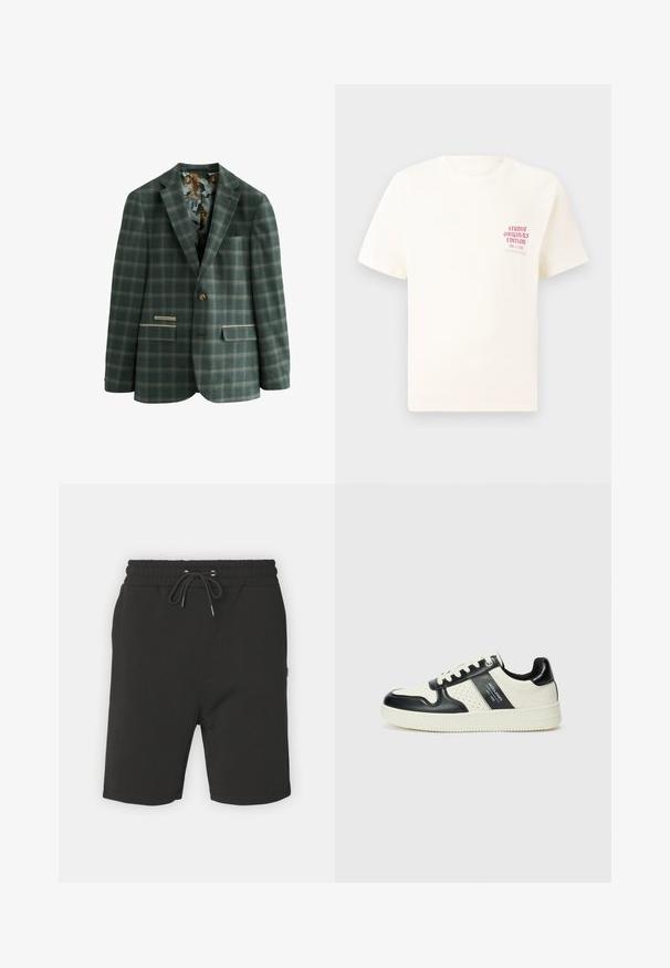 Grön rutigt kavaj med en knapp, med ett mönstrat inre foder med tigrar, två framfickor och en klassisk slag.; Vit kortärmad T-shirt med röd text "Studio Originals Edition" på vänster bröst, är uppställd på en neutral grå bakgrund.; Svarta bomullsshorts med elastisk midja, dragsko-stängning och sidfickor. Slät textur; knälång design.; Läder sneakers med en svart och krämfärgad färgsättning, med perforerade detaljer, en vadderad krage och en strukturerad yttersula.