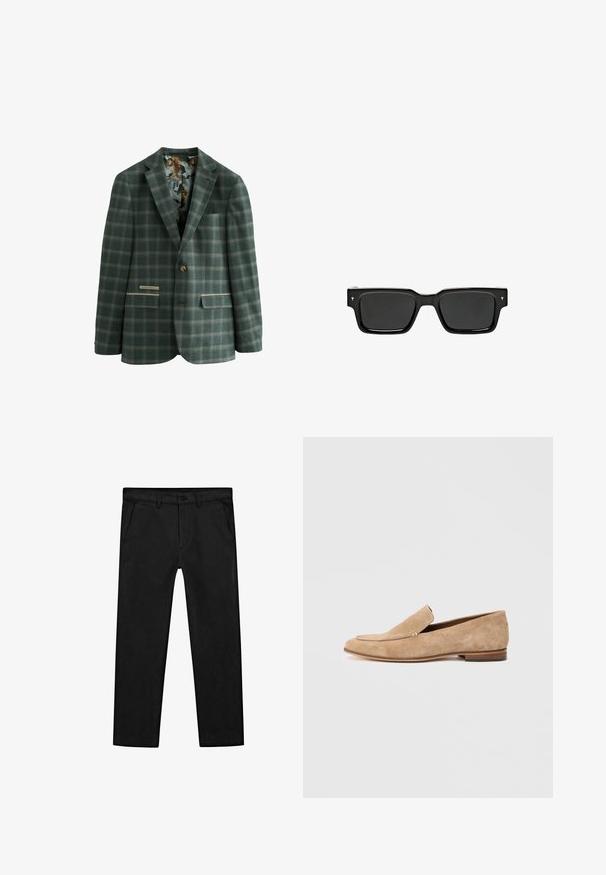 Green checked blazer with a single button, featuring a patterned interior lining with tigers, two front pockets, and a classic lapel.; Black cotton t-shirt with short sleeves, rounded neckline, and a plain texture. No visible patterns or hardware details.; Black cotton pants featuring a straight-leg design, front pockets, and a classic button closure with a zip fly. Smooth texture, tailored fit.; Beige suede loafer with a low heel, a rounded toe, and a decorative stitch across the vamp. Smooth texture with minimal detailing.; Black rectangular sunglasses with dark lenses, glossy plastic frame, and small signature accents on the temples. Flat profile and sharp corners.