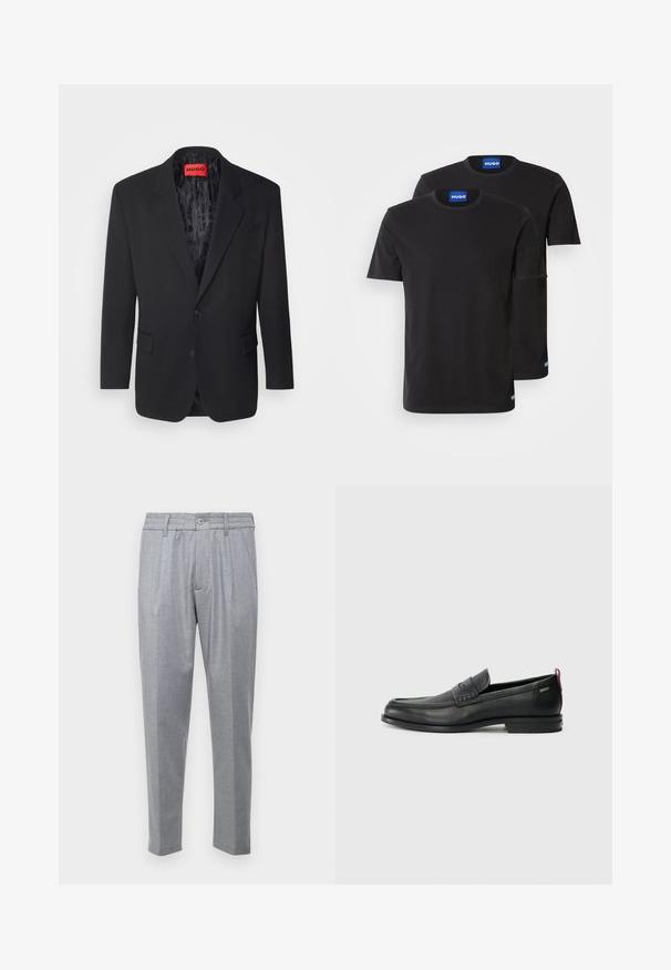 Must muströök, millel on sile kanga, üksiknupp, lõhikutega krae, kaks esikotit ja mustriga sisekate.; Kaks musta puuvillast T-särki ümmarguste kaelustega, lühikeste varrukatega, millel on sinised "HUGO" sildid kraedel ja külgservadel.; Heledad hallhallide püksid tekstureeritud kangast, millel on voldid, klassikaline vöökoht ja kitsenevad jalad. Nuppude sulgemine ees.; Mustad mustad nahast loafers tekstuuriga esipaneeli ja siledate külgedega. Omab peent kand ja tagumist silmust lihtsaks selga panemiseks. Klassikaline disain.