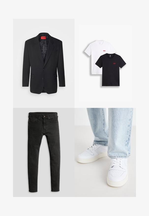 Černý blazer vyrobený z hladké tkaniny, s uzávěrem na jeden knoflík, klopami, dvěma předními kapsami a vzorovanou podšívkou.; Dvé trička s krátkým rukávem: jedno bílé a jedno černé. Obě vyrobená z bavlny s červeným logem Levi's na hrudi. Jednoduchý design s kulatým výstřihem.; Úzké černé džíny z denimu s matným povrchem, s pětipoklopovým designem a klasickým zapínáním na knoflík a zip.; Bílé kožené tenisky nízkého střihu s perforovaným špičkou, plochými tkaničkami a minimalistickým designem. Spárovány s světle modrými denimovými džíny.