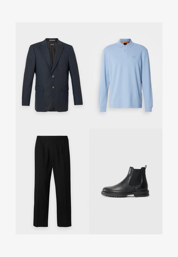 Sacou bleumarin dintr-un material texturat, cu închidere prin două nasturi, rever cu crestătură și două buzunare frontale cu un model interior subtil.; Polo shirt albastru deschis cu mânecă lungă, dintr-un material texturat, cu guler și deschidere cu două butoane, având logo-ul brodat "BOSS" pe piept.; Pantaloni negri dintr-un material neted, cu un brâu elastic, design cu picioare drepte și două pliuri frontale pentru un detaliu suplimentar.; Cizmă Chelsea din piele neagră, cu panouri elastice laterale, ghidaj pentru tragere, vârf rotunjit și talpă robustă cu striații pentru aderență.