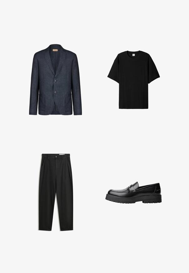 Granatowy lniany marynarka z wyciętym kołnierzem, dwoma guzikami i dwoma przednimi kieszeniami, o gładkiej fakturze i minimalistycznym designie.; Czarny prążkowany t-shirt z krótkim rękawem i okrągłym dekoltem, charakteryzujący się luźnym krojem i fakturowaną powierzchnią. Prosty design; brak grafik i akcentów.; Czarne bawełniane spodnie o luźnym kroju, z klasycznym pasem, przednimi plisy oraz bocznymi kieszeniami. Gładka struktura, bez wzorów.; Czarne skórzane mokasyny z grubą, bieżnikowaną podeszwą i dekoracyjnym paskiem na górze, pokazane w lewym profilu na białym tle.