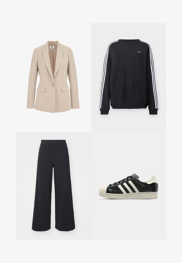Beige op maat gemaakte blazer met een enkele knoopsluiting, notch revers en twee voorzakken. Gladde stof met een gestructureerde pasvorm.; Zwarte sweatshirt met lange mouwen, witte strepen langs elke arm en een klein grijs logo op de borst. Gemaakt van katoen, casual pasvorm.; Zwarte wijde sweatpants gemaakt van zachte stof, met een elastische tailleband en een klein logo aan de linkerkant.; Zwarte leren sneaker met witte strepen, rubberen teenbescherming, zwarte veters en een crèmekleurige loopzool. Glad oppervlak met een glanzende afwerking.