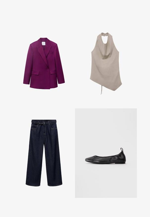 Lila maßgeschneiderte Blazer mit Reverskragen, einreihigem Knopfverschluss, zwei Fronttaschen und glatter Textur.; Asymmetrisches beige Oberteil aus glattem Stoff, mit Halterneck, drapiertem Vorderteil und Knopfverschluss auf der Rückseite sowie einer Bindeschleife am Saum.; Dunkelblaue, weit geschnittene Jeans aus Denim. Verfügt über einen mit Gürtel versehenen Bund mit mehreren Knöpfen, Fronttaschen und einen sauberen Abschluss an den Säumen.; Schwarze Leder-Ballettschuhe mit runder Spitze, gerafften elastischen Seiten und einer Schlaufe an der Ferse, auf einem hellen Hintergrund präsentiert.