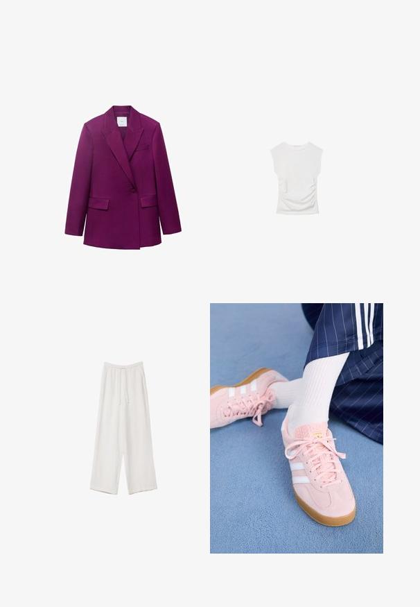Blazer ajusté violet avec revers à cran, fermeture à un bouton, deux poches avant et texture lisse.; Haut blanc à manches courtes avec un col rond. Doté d'une texture froncée sur les côtés et d'une silhouette ajustée, fabriqué à partir d'un matériau doux et extensible.; Pantalons larges blancs en tissu léger. Dotés d'une taille élastique avec cordon de serrage et de poches latérales. Texture lisse.; Des sneakers en daim rose clair avec des rayures et des lacets blancs, dotés d'une languette texturée et d'une semelle en gomme, posées sur un tapis bleu.