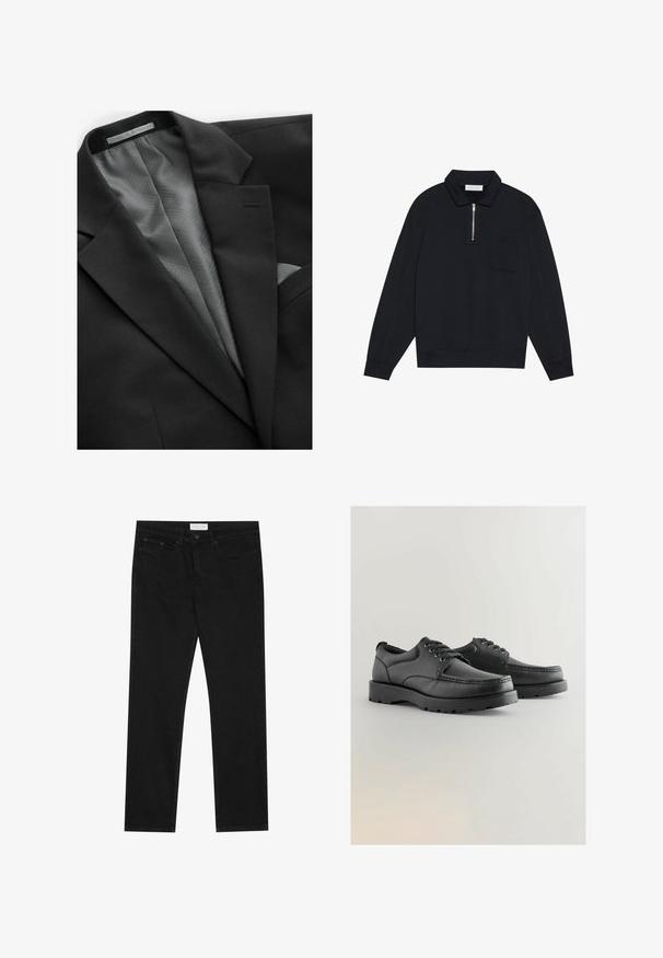 Čierna saka s hladkým povrchom, s geometricky vzorovanou šedou podšívkou, jednou náprsní vreckom a nenápadnými klopami.; Pier One Mikina - black; Čierne džínsy rovného strihu s piatimi vreckami, zapínanie na gombík a zips a s etiketou značky Pier One na páse.; Čierne kožené topánky s textúrovaným zvrškom, okrúhlou špičkou, šnurovacími topánkami a hrubými gumovými podrážkami s dezénom.