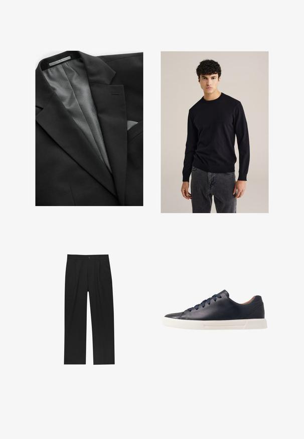 Giacca nera con un esterno liscio, caratterizzata da una fodera grigia a motivo geometrico, un taschino sul petto e revers discreti.; Maglione girocollo in cotone nero con maniche lunghe, polsini e fondo a coste; abbinato a jeans grigi. Design semplice e aderente senza motivi.; Giovane uomo con capelli ricci di castano chiaro che indossa una t-shirt nera a maniche corte e pantaloni grigi, che guarda verso sinistra con le mani nelle tasche.; Pantaloni neri con un design a gamba dritta, realizzati in un tessuto liscio. Presentano pieghe frontali e una chiusura a un bottone in vita.; Sneakers in pelle blu navy con finitura liscia, suola piatta in gomma bianca, punta rotonda e sei lacci blu navy infilati attraverso occhielli rotondi.