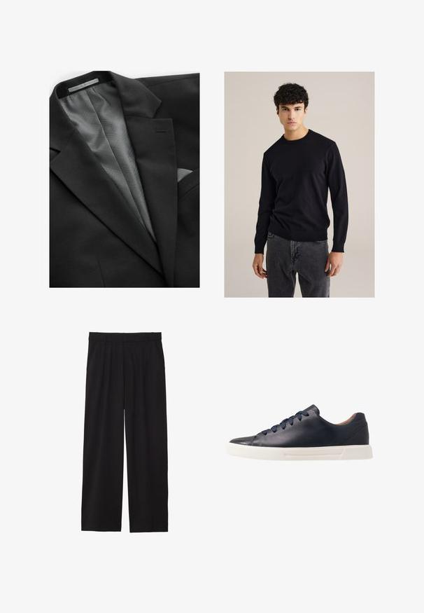 Schwarze Sakkojacke mit glatter Außenseite, ausgestattet mit einer geometrisch gemusterten grauen Futter, einer einzigen Brusttasche und dezenten Revers.; Schwarzer Baumwollpullover mit Rundhalsausschnitt und langen Ärmeln, gerippten Bündchen und Saum; kombiniert mit grauen Jeans. Schlichtes, figurnahes Design ohne Muster.; Schwarze, weite Hose mit gefälteltem Vorderteil, seitlichen Taschen und einer glatten Stoffstruktur. Entworfen für eine entspannte Passform.; Marineblaue Ledersneaker mit glatter Oberfläche, flacher weißer Gummisohle, runder Zehenpartie und sechs marineblauen Schnürsenkeln, die durch runde Ösen gefädelt sind.