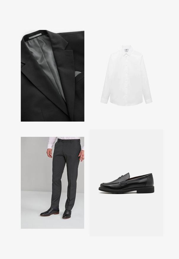 Černé sako s hladkým povrchem, zdobené šedou podšívkou s geometrickým vzorem, jednou náprsní kapsou a decentními klopami.; Bílá košile s dlouhým rukávem vyrobená z hladké látky, s klasickým límcem, zapínáním na knoflíky a zakřiveným lemem. Minimalistický design bez vzorů.; Šedé kalhoty na míru s hladkým povrchem, s plochým předním dílem a poutky na opasek, v kombinaci s černými společenskými botami.; Černé syntetické mokasíny s výrazně prošívanou špicí, měkkou stélkou a plochou gumovou podrážkou; elegantní design s minimálním zdobením.